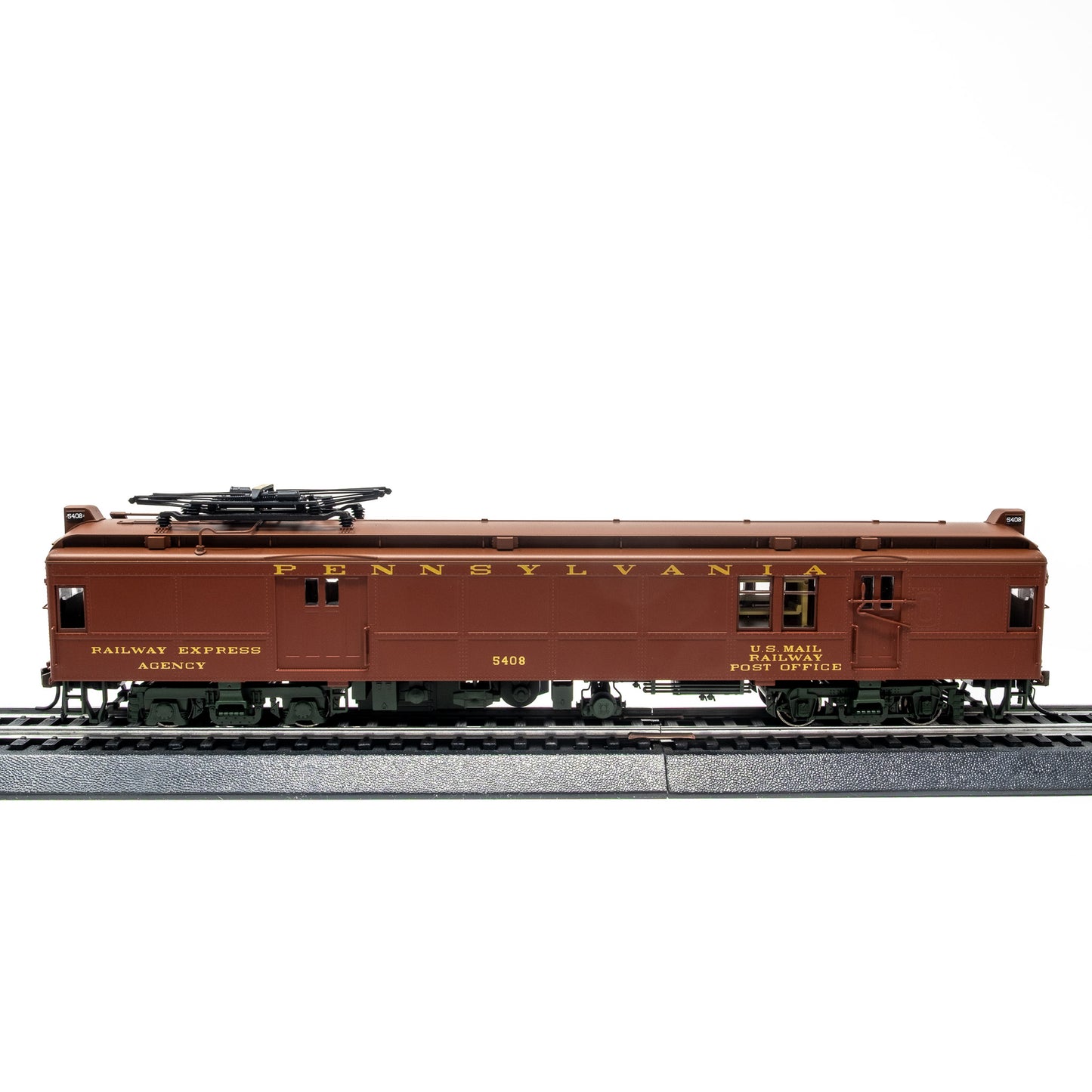 HO Scale Pennsylvania RR MUmP54 Baggage-Mail Car #5408 – Non-Powered, Pantograph Equipped – Tuscan Red (Pre-War)