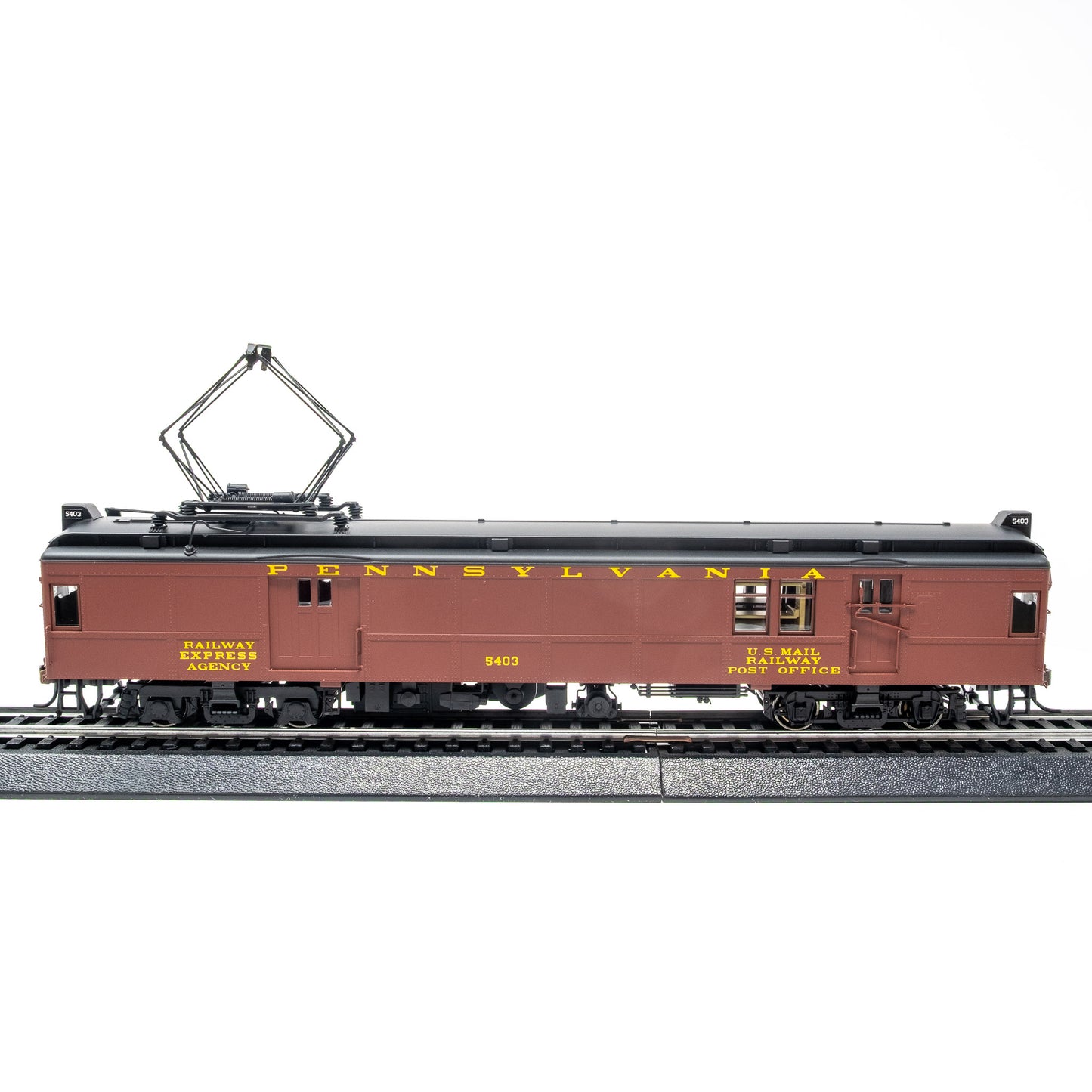HO Scale Pennsylvania RR MUmP54 Baggage-Mail Car #5403 – Non-Powered, Pantograph Equipped – Tuscan Red (Post-War)